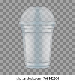 Clear plastic cup with sphere dome cap for milkshake and lemonade and smoothie. Empty Transparent Disposable Plastic Milkshake Cup With Lid. Realistic Vector Illustration. svg