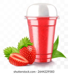 Clear plastic cup with strawberry juice or smoothie. Cup with sphere dome cap for milkshake, lemonade. Fruity organic shake. Fruit cocktail. Realistic 3d vector template