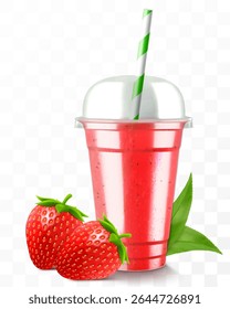 Clear plastic cup with strawberry juice or smoothie. Cup with sphere dome cap for milkshake, lemonade. Fruity organic shake. Fruit cocktail. Realistic 3d vector template