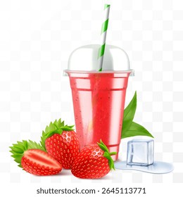 Clear plastic cup with strawberry juice or smoothie. Cup with sphere dome cap for milkshake, lemonade. Fruity organic shake. Fruit cocktail. Realistic 3d vector template