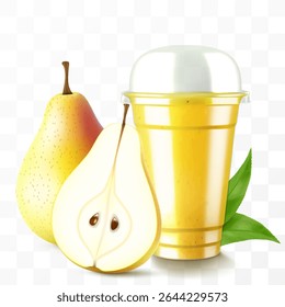 Xícara de plástico transparente com suco de pera doce ou smoothie. Xícara com tampa de cúpula de esfera para milkshake, limonada. Agite orgânico frutado com cubo de gelo. Coquetel de frutas. Modelo de vetor 3d realista