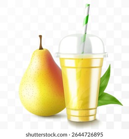 Clear plastic cup with sweet pear juice or smoothie. Cup with sphere dome cap for milkshake, lemonade. Fruity organic shake with ice cube. Fruit cocktail. Realistic 3d vector template