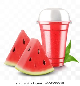 Clear plastic cup with watermelon juice or smoothie. Cup with sphere dome cap for milkshake, lemonade. Fruity organic shake. Fruit cocktail. Realistic 3d vector template