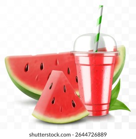 Xícara de plástico transparente com suco de melancia ou smoothie. Xícara com tampa de cúpula de esfera para milkshake, limonada. Agitação orgânica frutada. Coquetel de frutas. Modelo de vetor 3d realista