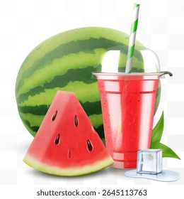 Xícara de plástico transparente com suco de melancia ou smoothie. Xícara com tampa de cúpula de esfera para milkshake, limonada. Agitação orgânica frutada. Coquetel de frutas. Modelo de vetor 3d realista