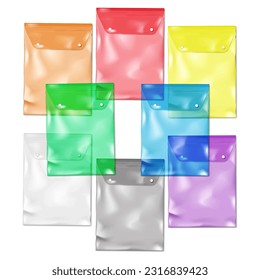 Clear plastic envelope bag with snap buttons, color vector set. Vertical document case. Colour transparent PVC file holder realistic illustration