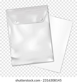 Caja de envoltorio de plástico transparente con hoja de papel blanco en blanco dentro de la mofa vectorial. Soporte transparente de archivos con botones de ajuste y documentos vacíos, maqueta realista