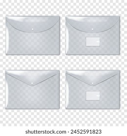 Clear plastic envelope folder with snap button closure. Vector mock-up set. Transparent PVC file holder, document case poly bag. Mockup kit