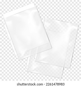 Clear plastic file, three hole punched page sleeve protector for three ring binder on transparent background mock-up. Top loading document pocket with paper sheet inside vector mockup