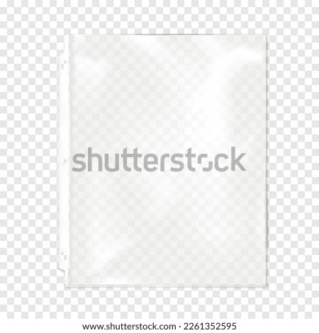 Clear plastic file, three hole punched sheet sleeve protector for three ring binder on transparent background mock-up. Top loading document pocket realistic vector mockup