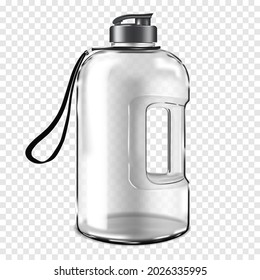 Clear plastic large water bottle with carry handle and strap on transparent background, realistic vector mock-up. Portable gallon water jug, mockup. Template for design