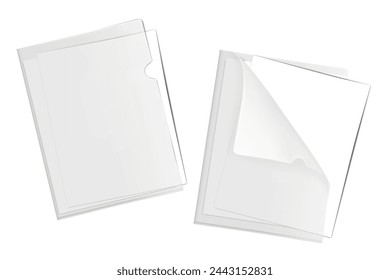 Clear plastic L-shape file folder with white blank paper sheets inside. Realistic mockup. PVC corner document sleeve holder cover. Vector mock-up svg