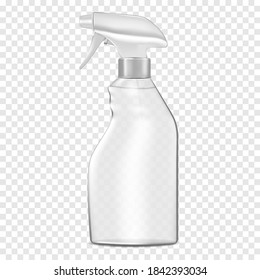 Clear Plastic Mist Spray Bottle Filled With Liquid On Transparent Background, Vector Mockup. Water Spraying Container, Mock-up. Trigger Pump Sprayer With Screw Cap, Template.