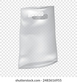 Bolsa de polietileno de plástico transparente con asas troqueladas sobre fondo transparente. Maqueta de Vector realista. Bolsa de poliéster con asa troquelada. Plantilla. Paquete blanco en blanco. Maqueta