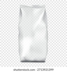Saco de plástico transparente. Modelo de vetor realista. Bolsa de polietileno em branco com selo de barbatana vazio. maquete 3d. Embalagem transparente de celofane brilhante. Modelo para design