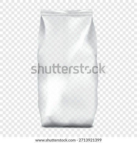 Clear plastic poly bag. Realistic vector mockup. Blank empty fin seal polythene pouch. 3d mock-up. Transparent glossy cellophane package. Template for design