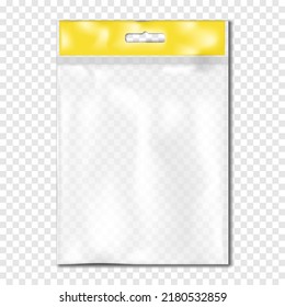 Clear plastic pouch with euro slot hanger on transparent background vector mock-up. Blank empty flat sachet packet with paper insert top realistic mockup. Template for packaging design