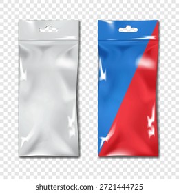 Embalagem de plástico transparente com ranhura de euro. Branco em branco e design de cores. Modelo de vetor realista. Pendurando embalagem de saco poli vazio plana. maquete 3d. Pacote de PVC transparente. Modelo fácil de editar