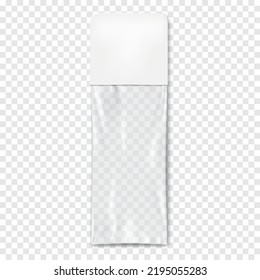 Clear plastic pouch with white paper top on transparent background vector mock-up. Blank empty flat rectangular packet realistic mockup. Template for packaging design