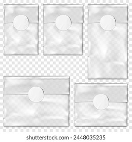 Clear plastic pouch with white round label sticker closure. Vector mock-up set. Empty vinyl bag with fold top. Mockup kit. Transparent cellophane package. Template collection