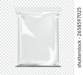 Clear plastic pouch with zip lock on transparent background. Realistic vector mock-up. Empty zipper poly bag. 3d mockup. Glossy vinyl envelope sleeve resealable package. Template for design