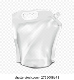 Gran bolsa de pie de plástico transparente con mango de transporte reforzado troquelado. Maqueta de Vector 3D realista. Bolsa de boquilla transparente con tapón de rosca. Maqueta. Producto líquido Grande paquete. Plantilla