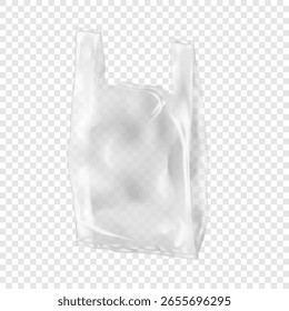 Bolsa de plástico transparente para camisetas. Maqueta de Vector realista. Bolso de la camiseta de compras transparente blanco en blanco con asas. Maqueta 3D. Llevar el paquete de polietileno. Plantilla para el diseño
