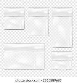 Clear plastic vinyl envelope pouch vector mock-up set. Transparent fold top PVC bag packaging mockup kit. Cellophane package collection template