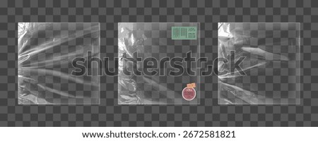 Clear plastic vinyl wrap set - transparent packaging materials, glossy protective film sheets with classic sticker, green barcode label, price tag of retail display for storage and shipping purposes.