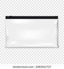 Clear plastic zip seal slider poly bag. Realistic vector mock-up. Transparent glossy zipper PVC vinyl pouch package with black zip lock. Mockup