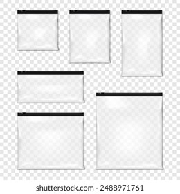 Clear plastic zip seal slider poly bag. Realistic vector mock-up set. Transparent glossy PVC vinyl pouch with black zip lock. Mockup kit. Zipper envelope sleeve package. Template collection