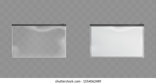 Clear plastic zipper bags isolated on transparent background. Vector set of translucent pockets sealed by black ziplock. Empty packet and package with blank paper. Realistic 3d mockup