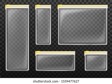 Clear plastic zipper bags isolated on transparent background. Vector set of empty translucent pockets sealed by yellow ziplock. Realistic 3d mockup of different size packets