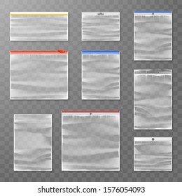 Clear plastic zipper pocket bags collection on transparent background. Vector realistic isolated illustration
