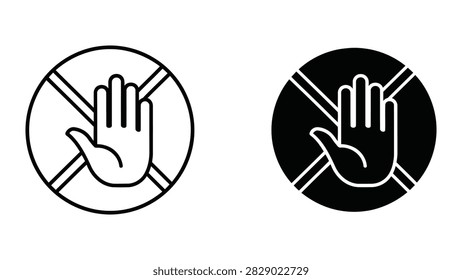 A clear and professional hand stop sign icon set. These vector graphics are perfect for UI safety warnings restricted area signage and interactive web elements requiring a 'do not touch' or stop indicator.