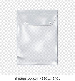 Clear PVC bag with plastic snap button fastener on transparent background realistic vector mock-up. Empty resealable vinyl pouch package mockup. Template for design