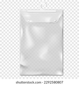 Clear PVC bag with snap button fastener and plastic hanging hook on transparent background realistic vector mock-up. Empty vinyl pouch package mockup. Template for design