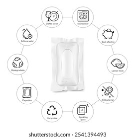 Clear realistic dishwasher capsule with icon set. Icon set shows manual instructions and the main advantages. Vector Illustration isolated in white background. Great for your design. EPS10.