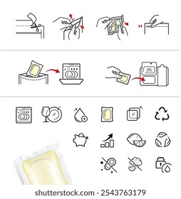 Klare realistische Geschirrspülkapsel mit Symbolsatz. Das Icon-Set zeigt die manuelle Anleitung und die wichtigsten Vorteile. Vektorgrafik einzeln auf weißem Hintergrund. Toll für Ihr Design. EPS10.