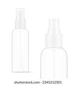 Clear realistic spray bottle mockup. Vector illustration isolated on white background. Сan be used for cosmetic, medical, sanitary and other needs. Symmetrical lighting scheme. EPS10.	