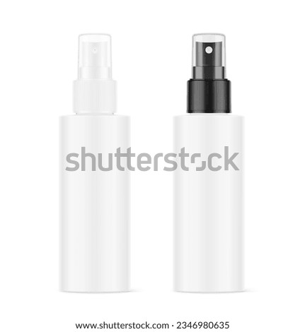 Clear realistic spray bottles mockup with white and black caps. Vector illustration isolated on white background. Сan be used for cosmetic, medical, sanitary and other needs. EPS10.