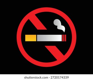 Un símbolo claro y reconocible de no fumar con un cigarrillo tachado en un círculo rojo sobre un fondo negro enfatiza el mensaje para evitar el consumo de tabaco.