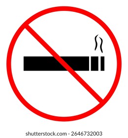 Sinal vermelho claro de proibição sobre um cigarro aceso com fumaça, indicando universalmente que não se fuma. Símbolo icônico é perfeito para sinais que impõem zonas livres de fumaça em vários ambientes públicos e privados
