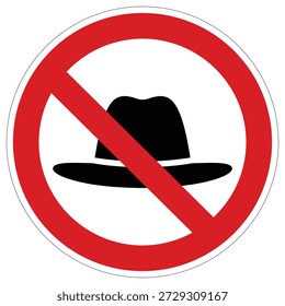 A clear regulatory sign enforcing a ban on wearing hats or other head coverings. Useful for specific venues or cultural sites.
