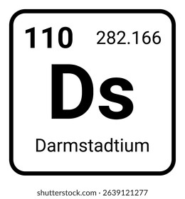 A clear representation of the chemical element darmstadtium from the periodic table showing its atomic number 110, symbol Ds, and atomic weight 282.166 in a clean black and white design