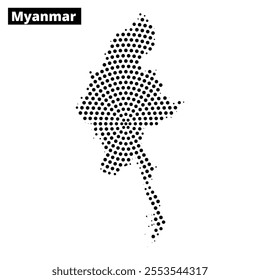 A clear representation of Myanmar's map outline with dotted patterns highlighting its unique geographic contours.