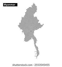 A clear representation of Myanmar's map outline with dotted patterns highlighting its unique geographic contours.