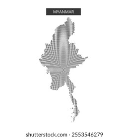 A clear representation of Myanmar's map outline with dotted patterns highlighting its unique geographic contours.