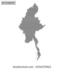 A clear representation of Myanmar's map outline with dotted patterns highlighting its unique geographic contours.