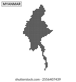 A clear representation of Myanmar's map outline with dotted patterns highlighting its unique geographic contours.